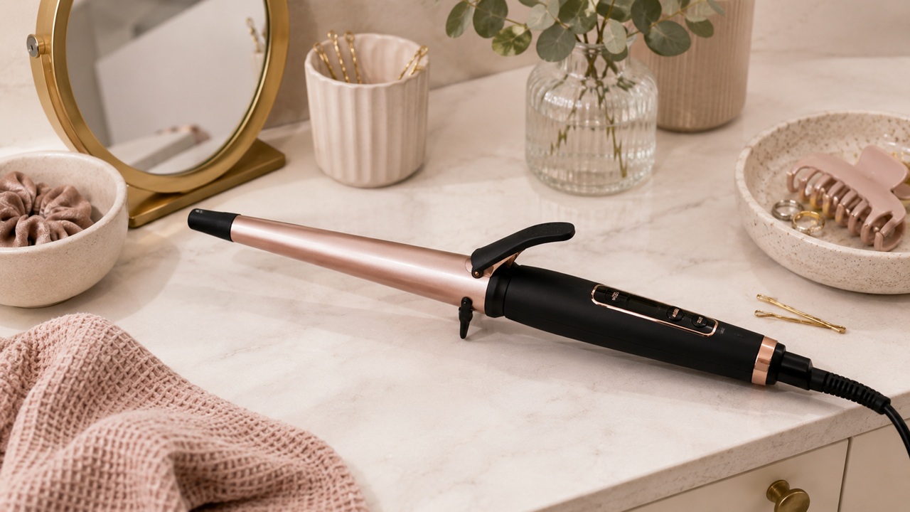 Smal locktång för kort hår på ett ljust sminkbord